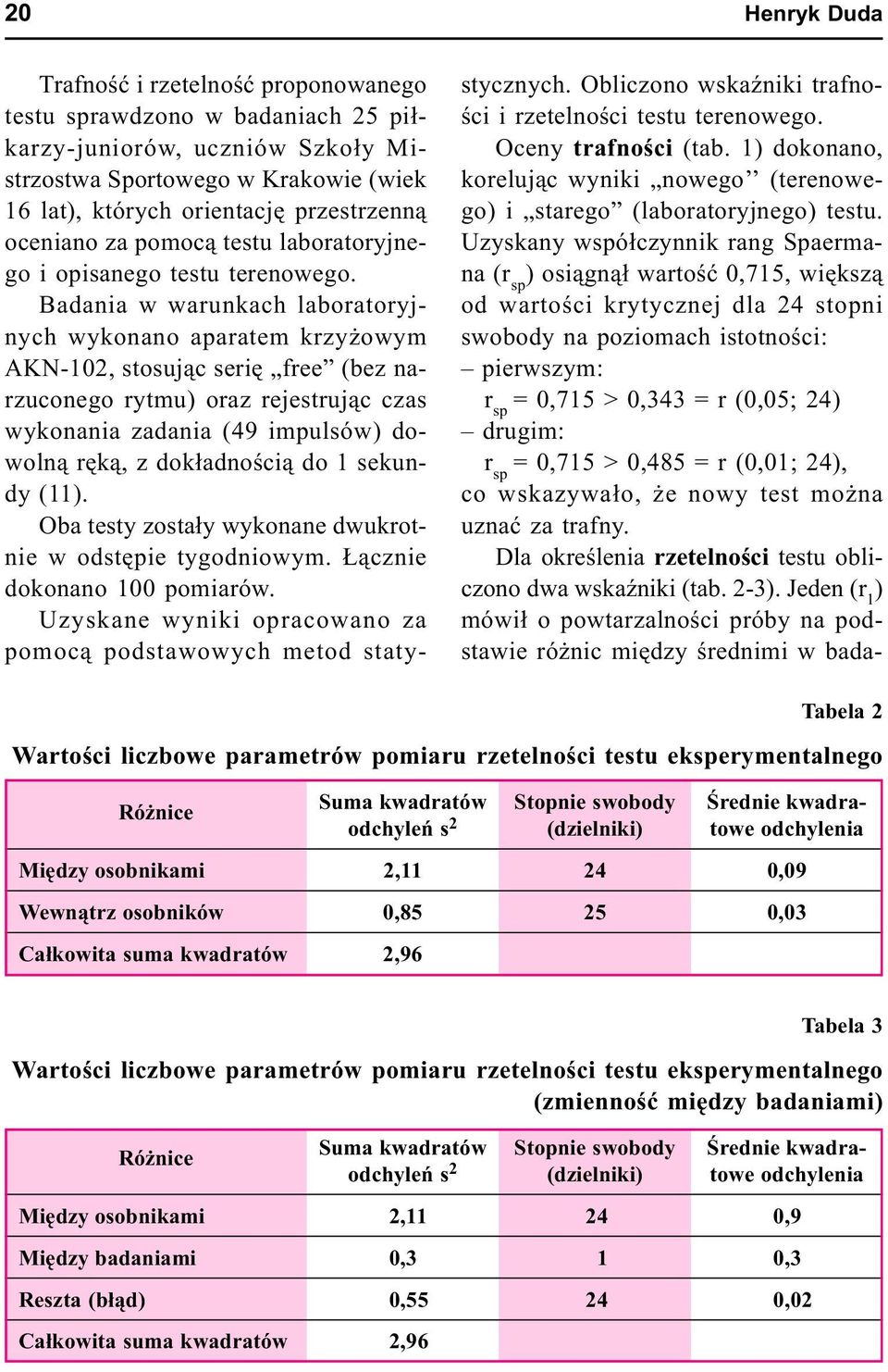 Badania w warunkach laboratoryjnych wykonano aparatem krzy owym AKN-102, stosuj¹c seriê free (bez narzuconego rytmu) oraz rejestruj¹c czas wykonania zadania (49 impulsów) dowoln¹ rêk¹, z dok³adnoœci¹