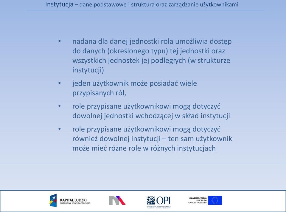 przypisane użytkownikowi mogą dotyczyć dowolnej jednostki wchodzącej w skład instytucji role przypisane