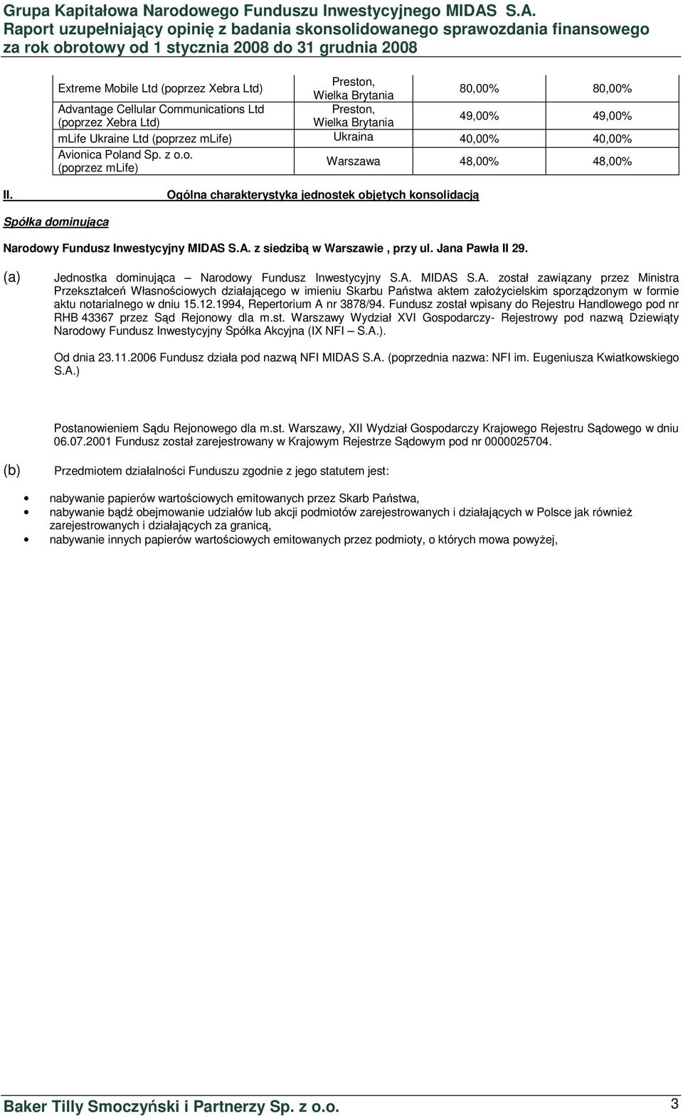 Brytania 80,00% 80,00% Advantage Cellular Communications Ltd Preston, (poprzez Xebra Ltd) Wielka Brytania 49,00% 49,00% mlife Ukraine Ltd (poprzez mlife) Ukraina 40,00% 40,00% Avionica Poland Sp. z o.