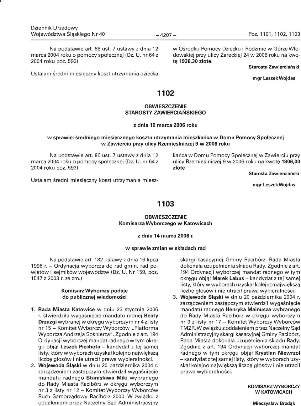 Starosta Zawierciański mgr Leszek Wojdas 1102 OBWIESZCZENIE STAROSTY ZAWIERCIAŃSKIEGO z dnia 10 marca 2006 roku w sprawie: średniego miesięcznego kosztu utrzymania mieszkańca w Domu Pomocy Społecznej