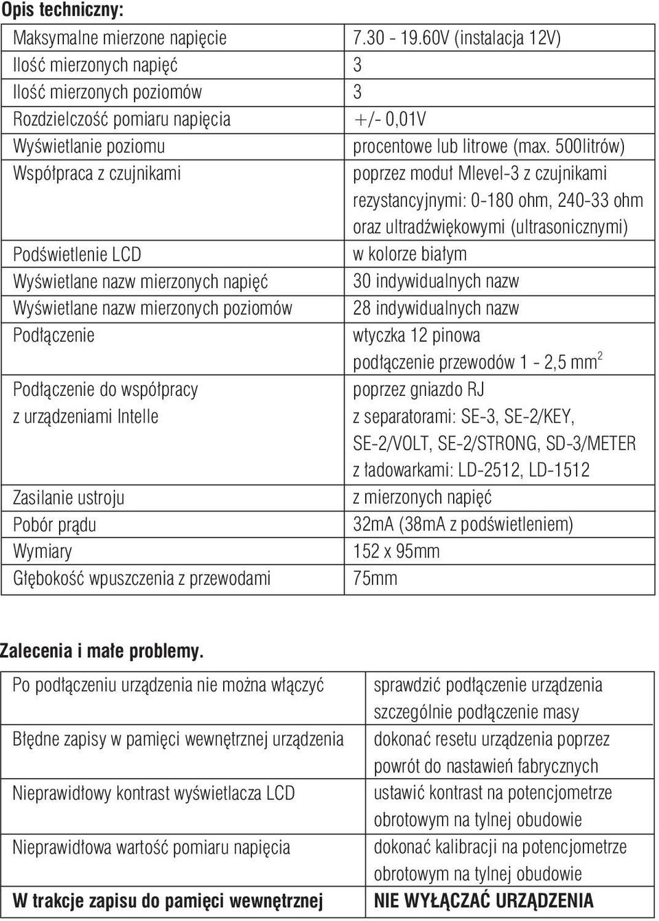 przewodami 7.30-19.60V (instalacja 12V) 3 3 +/- 0,01V procentowe lub litrowe (max.