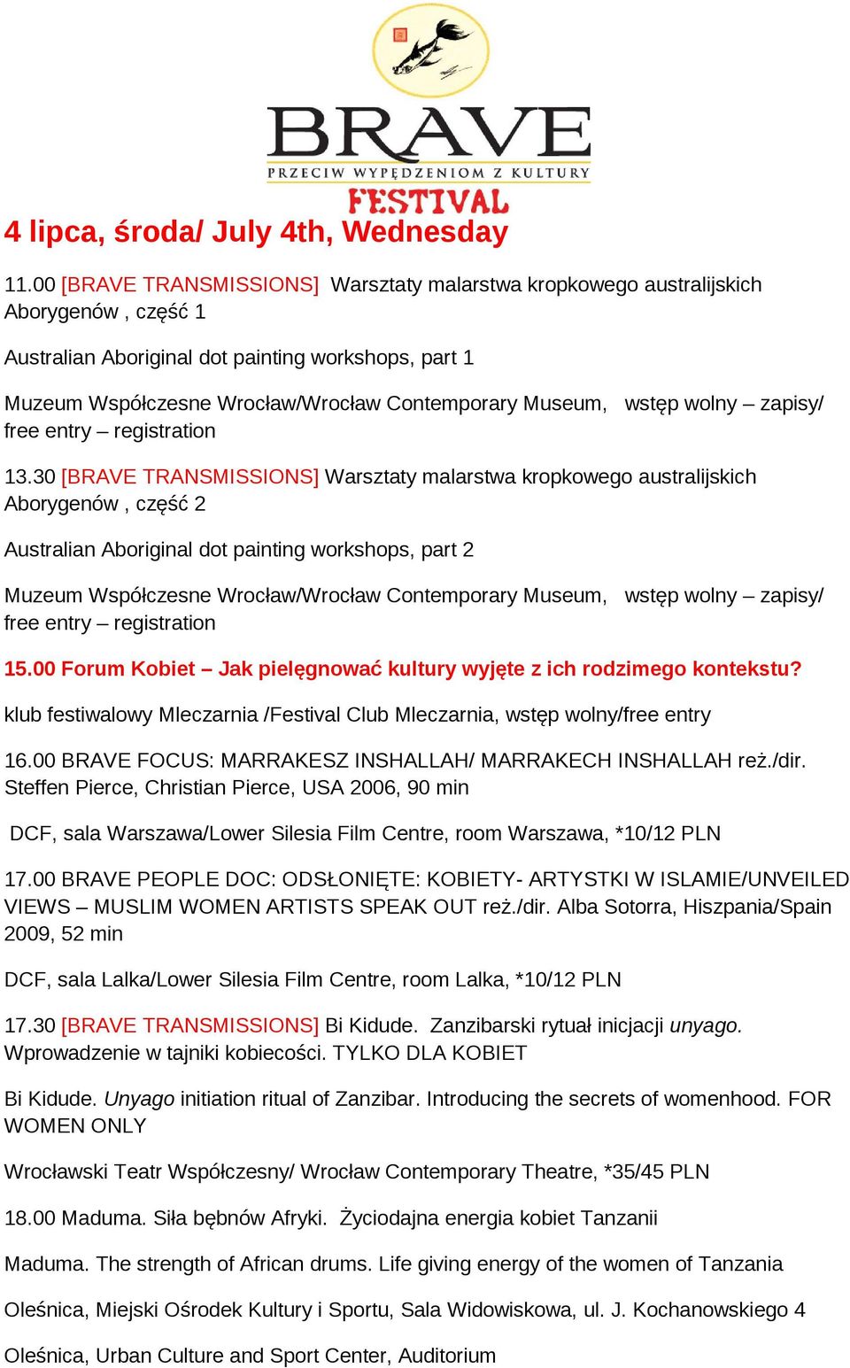 wstęp wolny zapisy/ free entry registration 13.