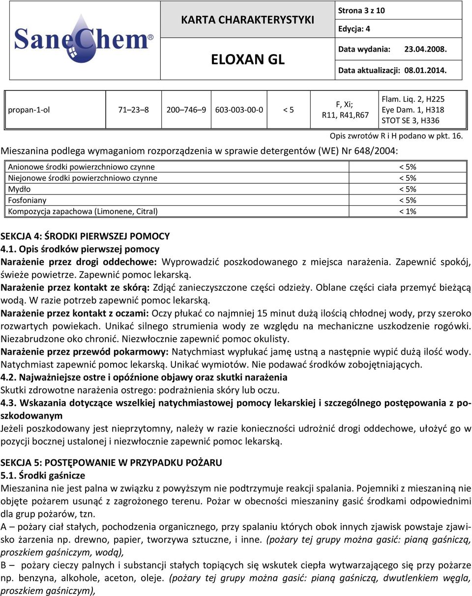 Kompozycja zapachowa (Limonene, Citral) < 1% SEKCJA 4: ŚRODKI PIERWSZEJ POMOCY 4.1. Opis środków pierwszej pomocy Narażenie przez drogi oddechowe: Wyprowadzić poszkodowanego z miejsca narażenia.