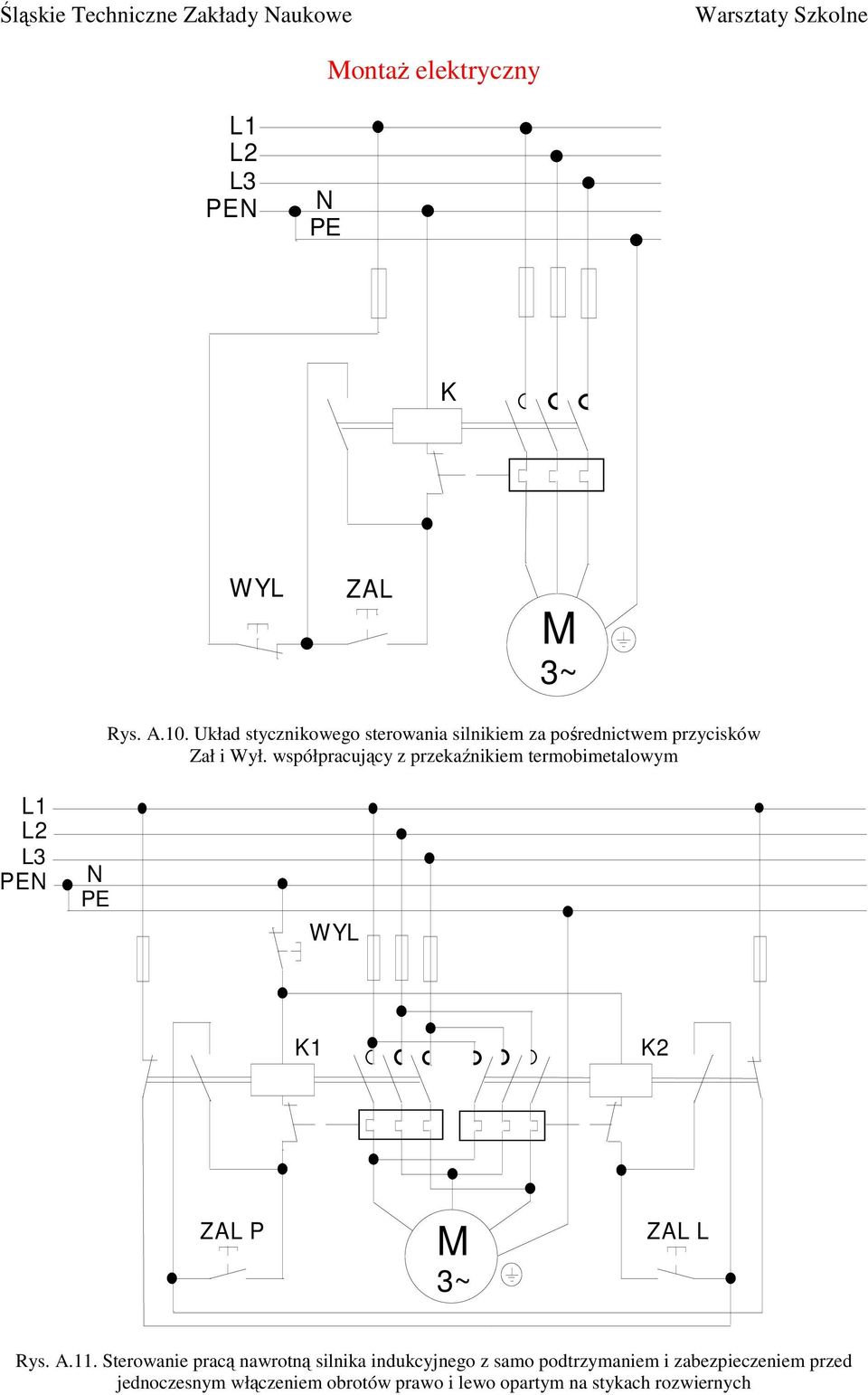 współpracujący z przekaźnikiem termobimetalowym L1 L2 L3 PEN N PE WYL K1 K2 ZAL P M 3~ ZAL L Rys.
