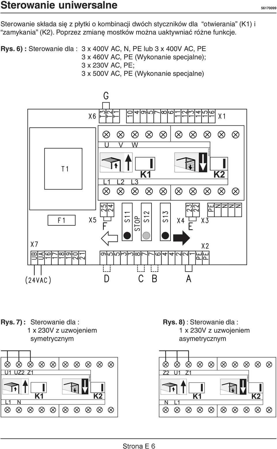 6) : Sterowanie dla : 3 x 400V AC, N, PE lub 3 x 400V AC, PE 3 x 460V AC, PE (Wykonanie specjalne); 3 x 230V AC, PE; 3 x 500V