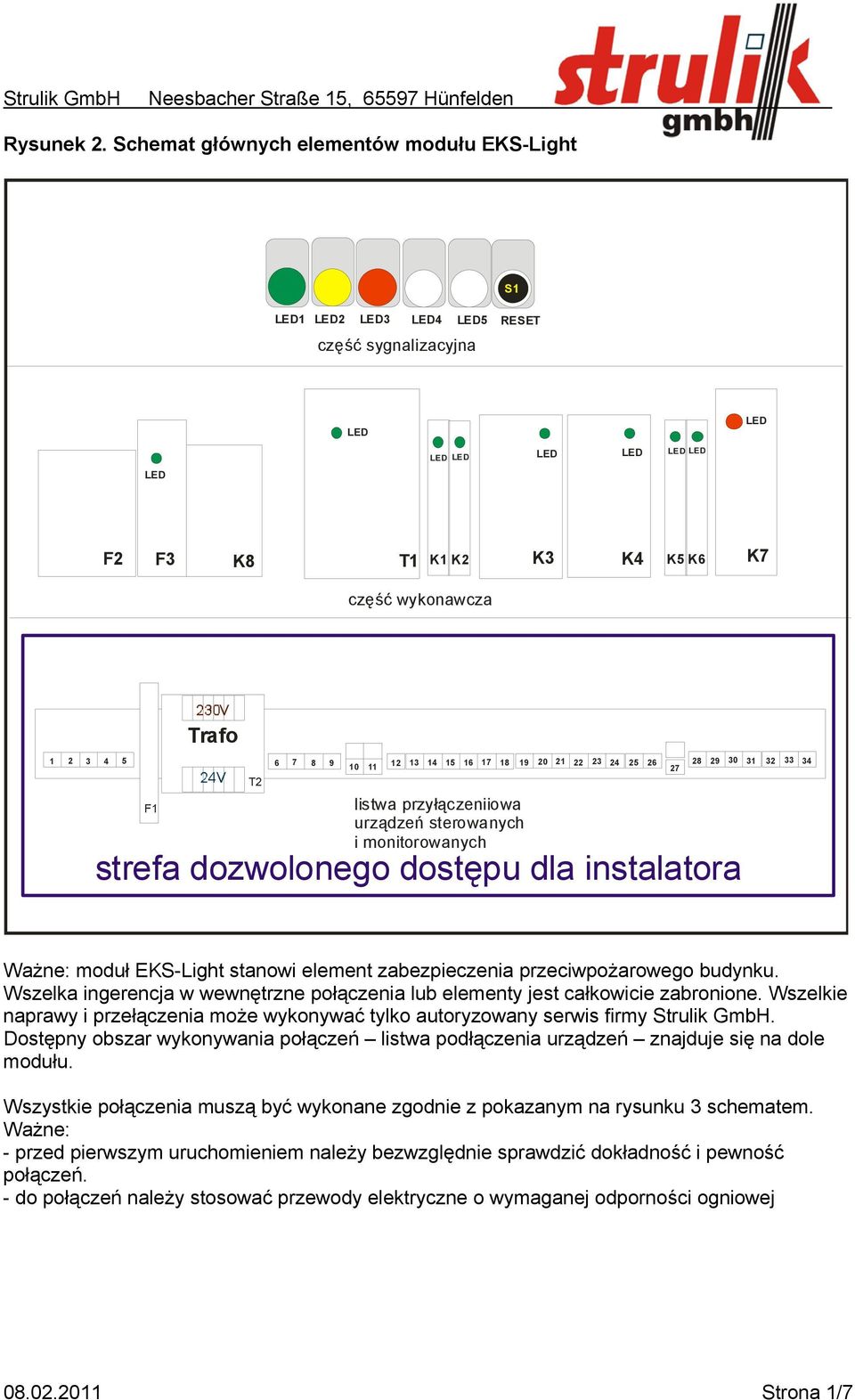 11 12 15 18 21 24 25 28 31 34 27 T2 F1 listwa przyłączeniiowa urządzeń sterowanych i monitorowanych strefa dozwolonego dostępu dla instalatora Ważne: moduł EKS-Light stanowi element zabezpieczenia