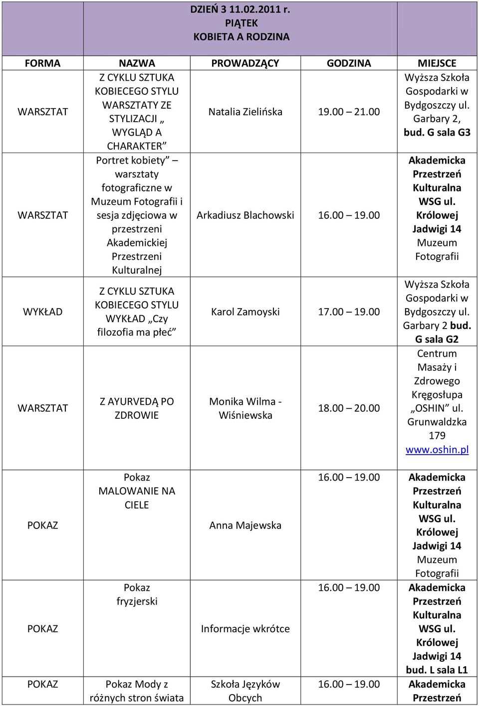 filozofia ma płed Z AYURVEDĄ PO ZDROWIE Arkadiusz Blachowski 16.00 19.00 Karol Zamoyski 17.00 19.00 Monika Wilma - Wiśniewska 18.00 20.00 Akademicka Muzeum Fotografii bud.