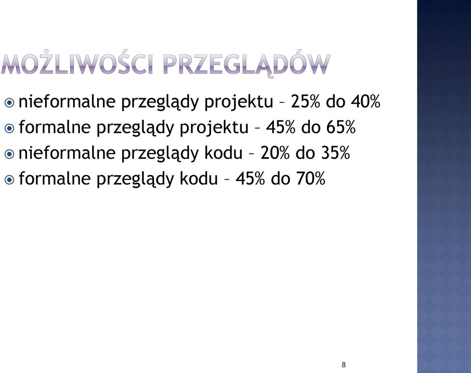 65% nieformalne przeglądy kodu 20% do