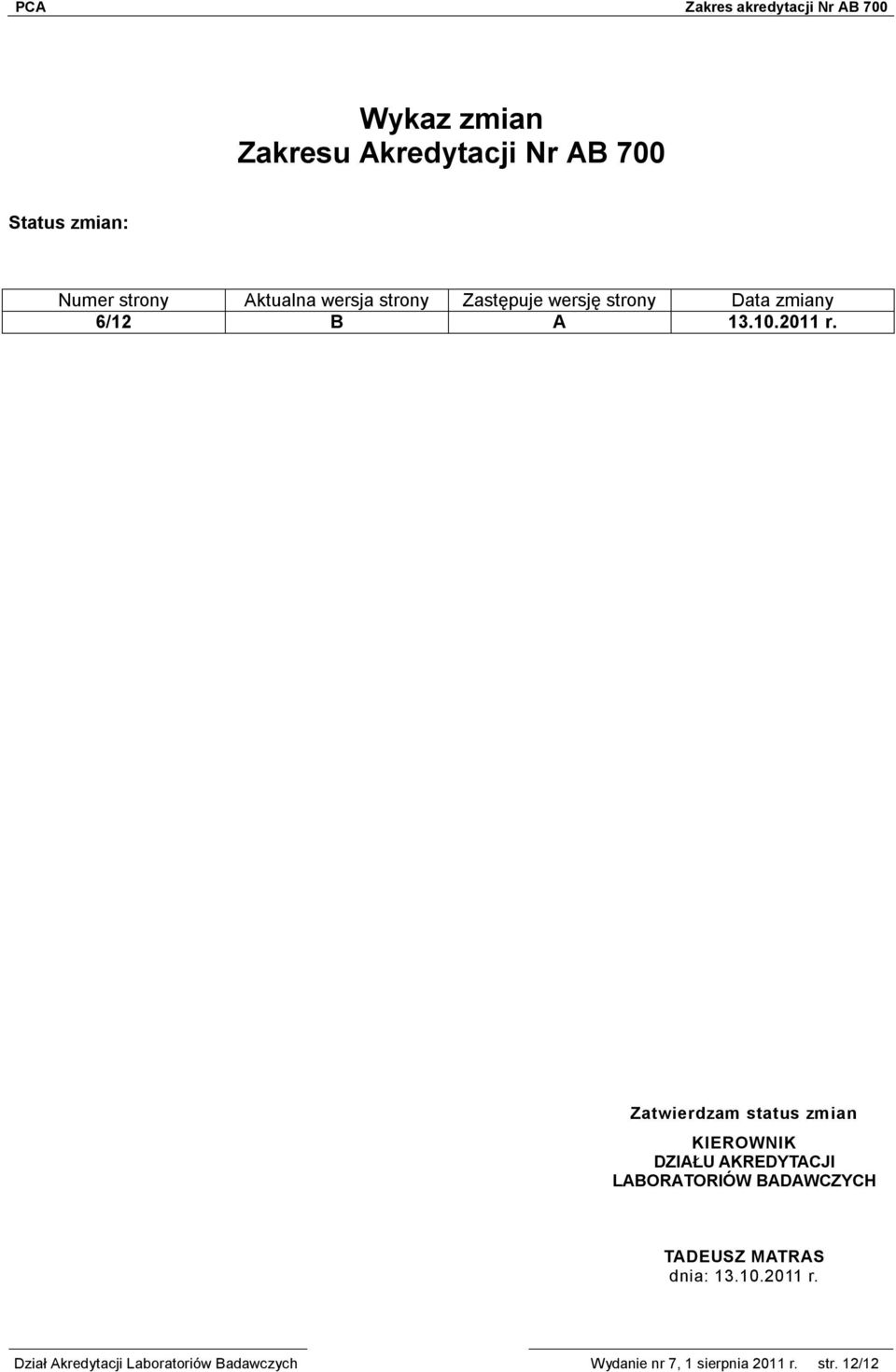 Zatwierdzam status zmian KIEROWNIK DZIAŁU AKREDYTACJI LABORATORIÓW BADAWCZYCH TADEUSZ