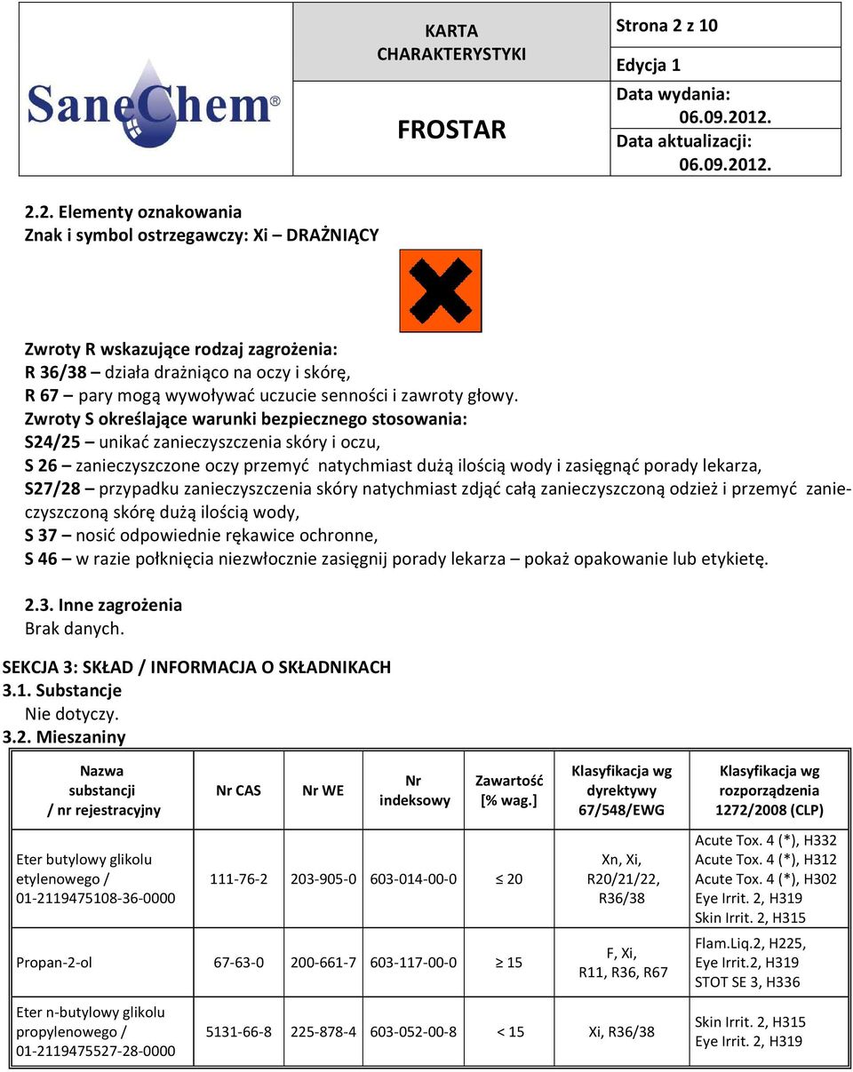 2. Elementy oznakowania Znak i symbol ostrzegawczy: Xi DRAŻNIĄCY Zwroty R wskazujące rodzaj zagrożenia: R 36/38 działa drażniąco na oczy i skórę, R 67 pary mogą wywoływać uczucie senności i zawroty