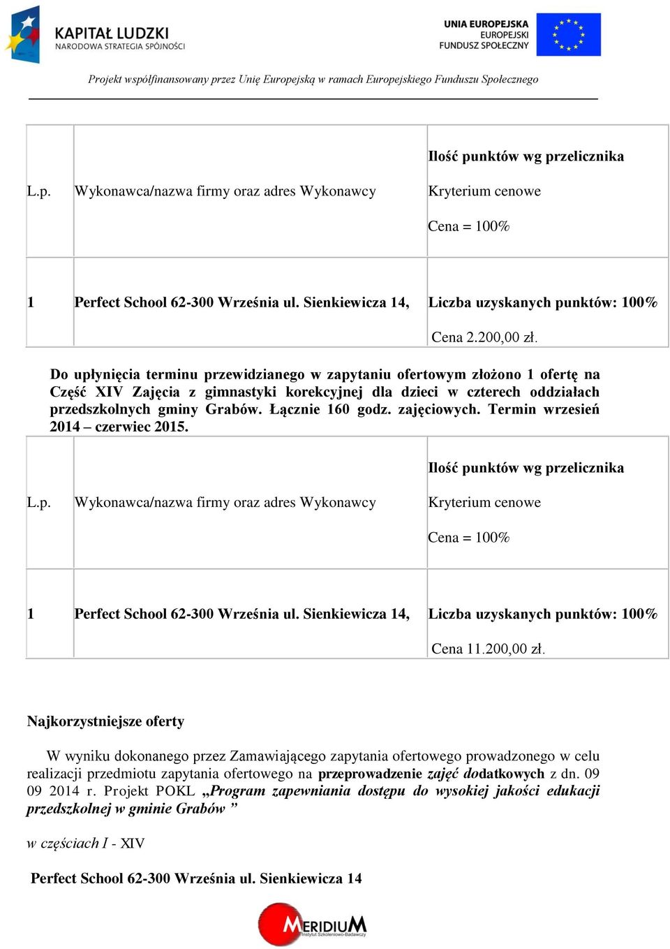 Najkorzystniejsze oferty W wyniku dokonanego przez Zamawiającego zapytania ofertowego prowadzonego w celu realizacji przedmiotu zapytania