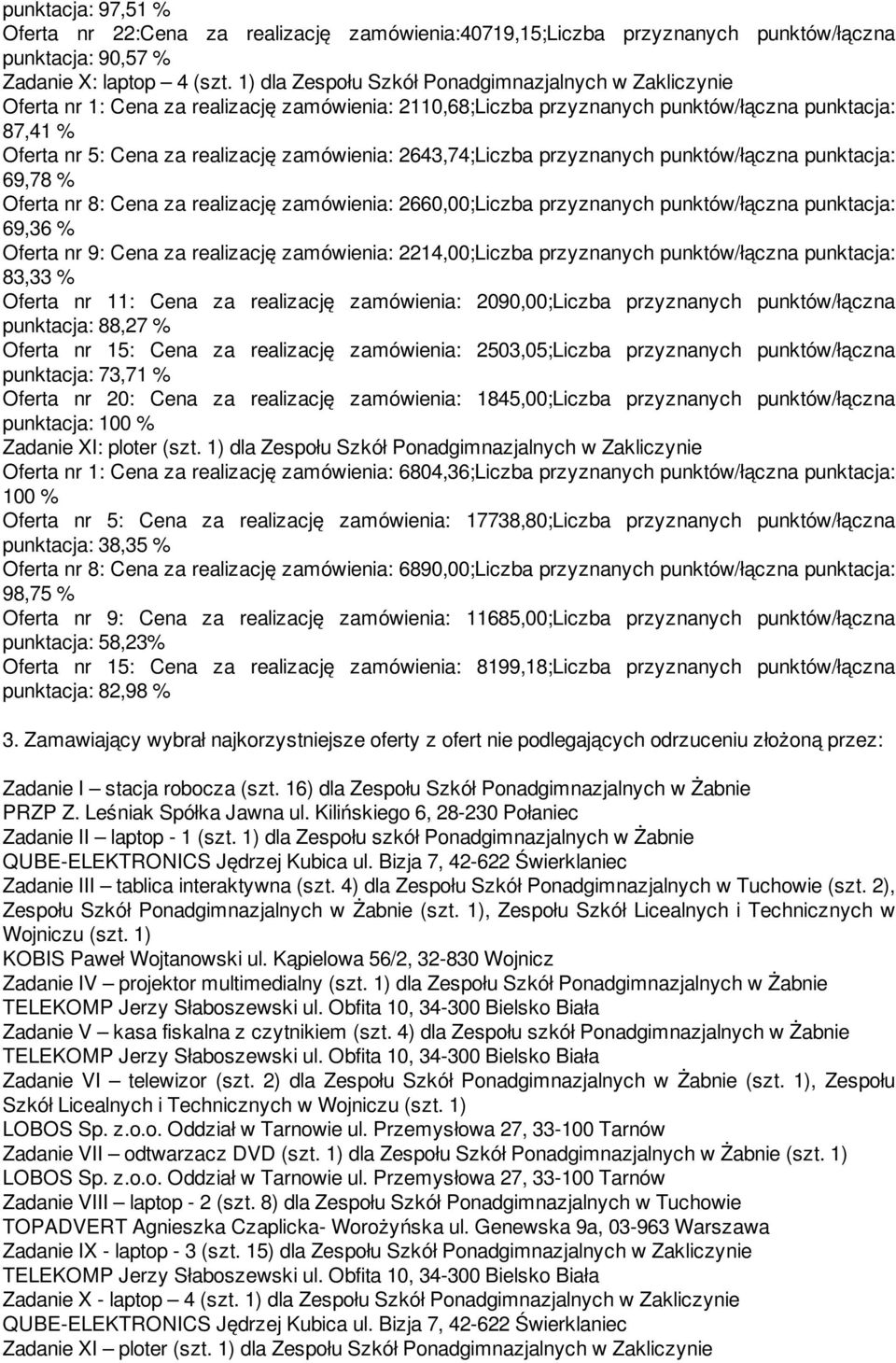 zamówienia: 2643,74;Liczba przyznanych punktów/łączna punktacja: 69,78 % Oferta nr 8: Cena za realizację zamówienia: 2660,00;Liczba przyznanych punktów/łączna punktacja: 69,36 % Oferta nr 9: Cena za