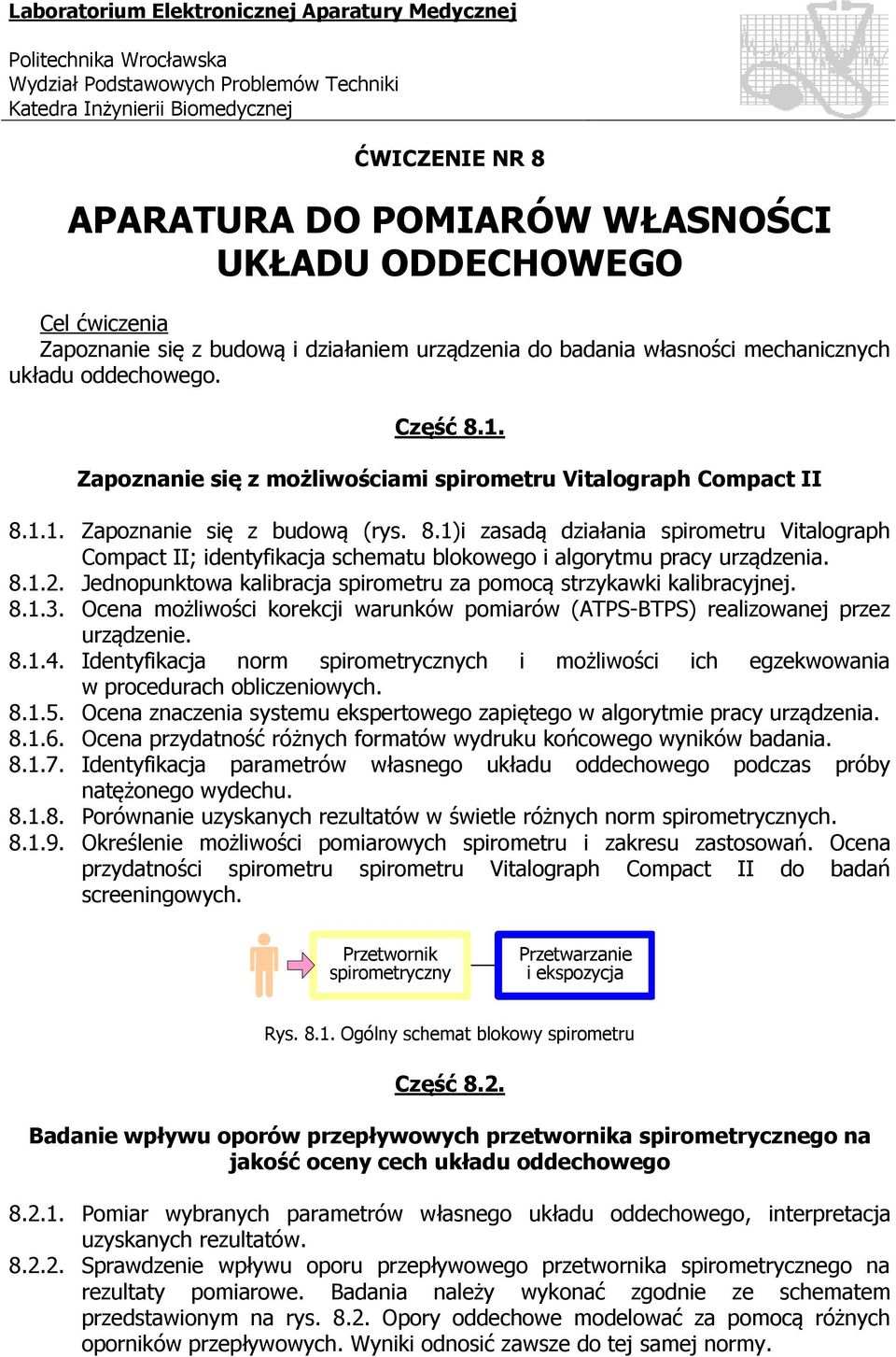 Zapoznanie się z możliwościami spirometru Vitalograph Compact II 8.1.1. Zapoznanie się z budową (rys. 8.1)i zasadą działania spirometru Vitalograph Compact II; identyfikacja schematu blokowego i algorytmu pracy urządzenia.