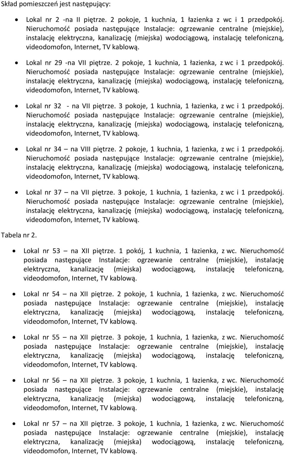 3 pokoje, 1 kuchnia, 1 łazienka, z wc i 1 przedpokój. Tabela nr 2. Lokal nr 53 na XII piętrze. 1 pokój, 1 kuchnia, 1 łazienka, z wc. Nieruchomośd Lokal nr 54 na XII piętrze.