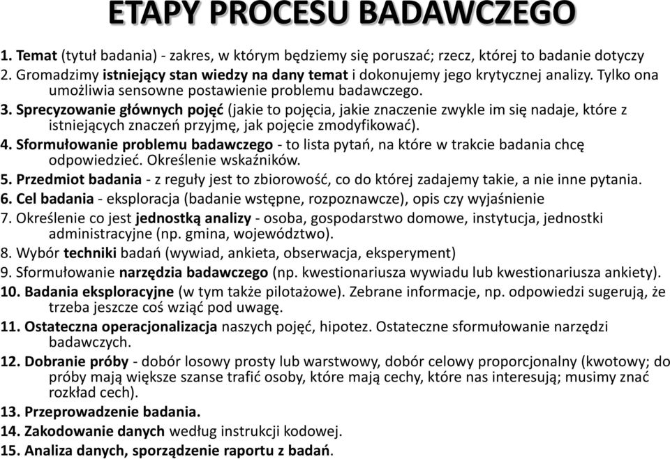 Sprecyzowanie głównych pojęć (jakie to pojęcia, jakie znaczenie zwykle im się nadaje, które z istniejących znaczeń przyjmę, jak pojęcie zmodyfikować). 4.