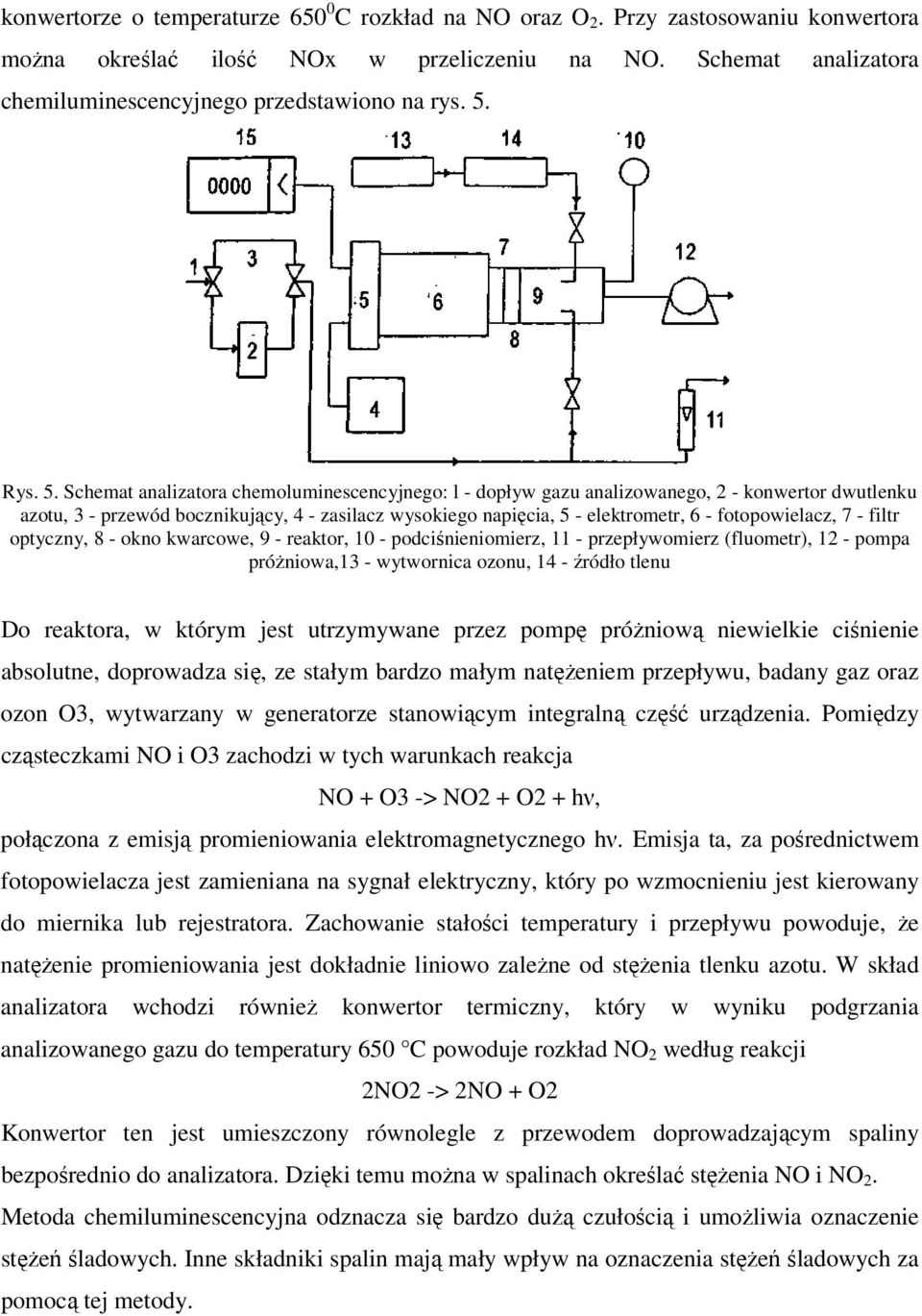 Schemat analizatora chemoluminescencyjnego: l - dopływ gazu analizowanego, 2 - konwertor dwutlenku azotu, 3 - przewód bocznikujący, 4 - zasilacz wysokiego napięcia, 5 - elektrometr, 6 -