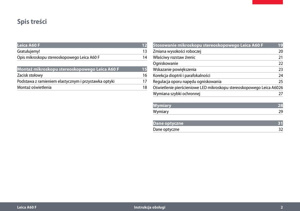 przystawka optyki 17 Montaż oświetlenia 18 Stosowanie mikroskopu stereoskopowego Leica A60 F 19 Zmiana wysokości roboczej 20 Właściwy rozstaw źrenic 21