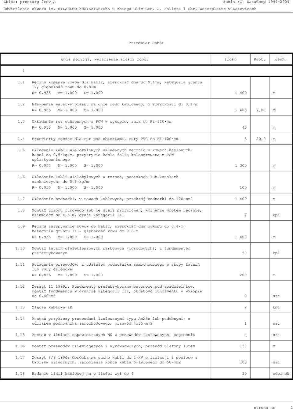 3 Układanie rur ochronnych z PCW w wykopie, rura do Fi 110 mm R= 0,955 M= 1,000 S= 1,000 40 m 1.4 Przewierty ręczne dla rur pod obiektami, rury PVC do Fi 100 mm 3 20,0 m 1.