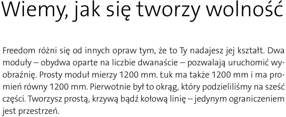 Prosty moduł mierzy 1200 mm. Łuk ma także 1200 mm i ma promień równy 1200 mm.