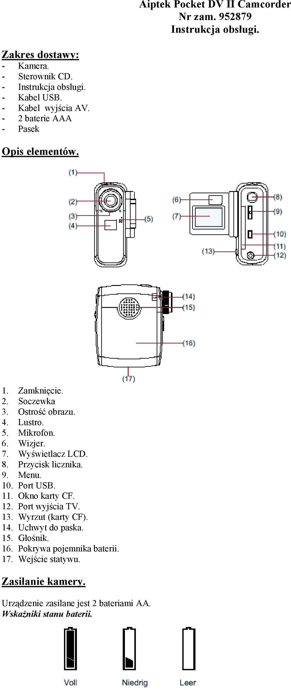 Wyświetlacz LCD. 8. Przycisk licznika. 9. Menu. 10. Port USB. 11. Okno karty CF. 12. Port wyjścia TV. 13. Wyrzut (karty CF). 14. Uchwyt do paska.