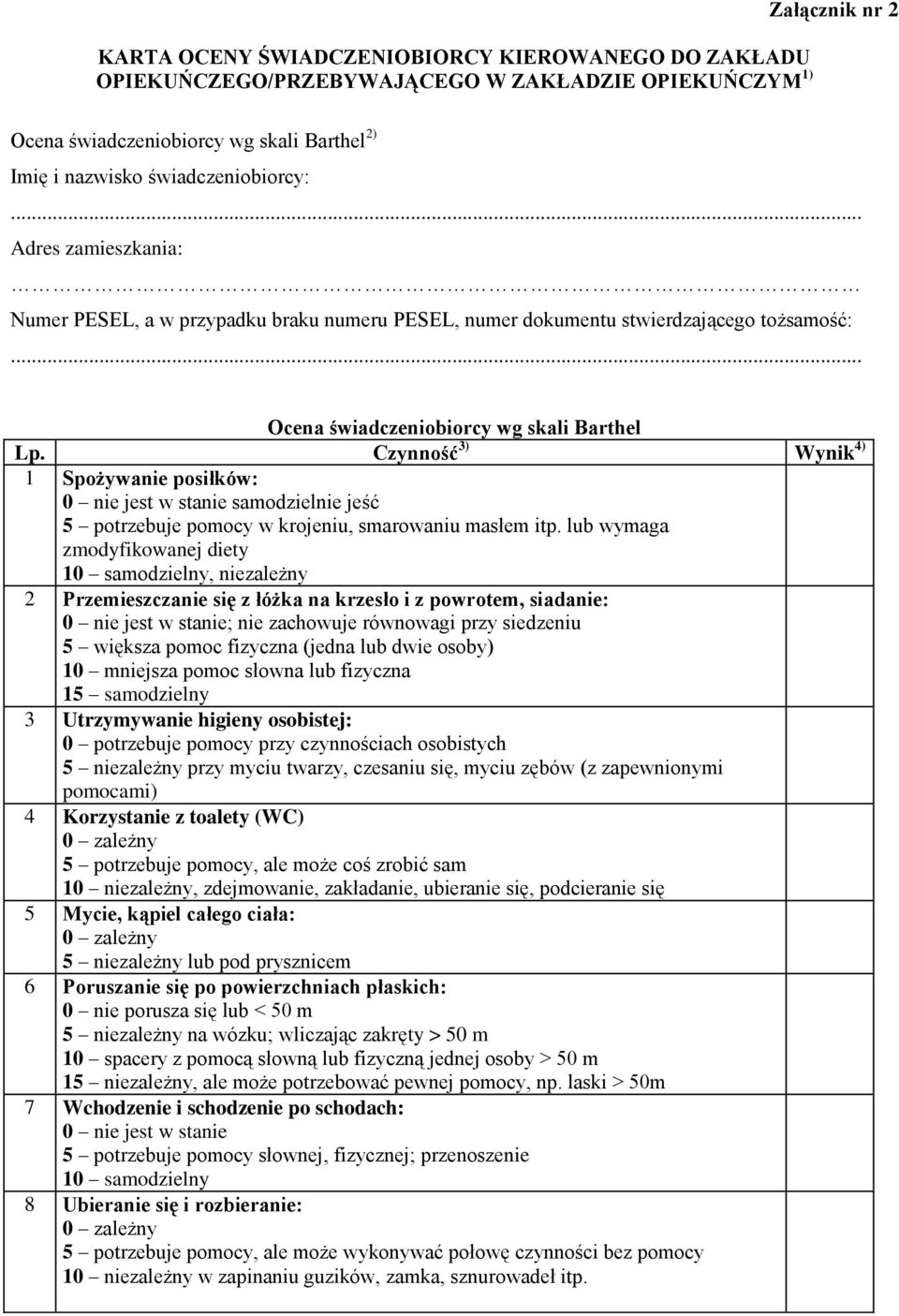 Czynność 3) Wynik 4) 1 Spożywanie posiłków: 0 nie jest w stanie samodzielnie jeść 5 potrzebuje pomocy w krojeniu, smarowaniu masłem itp.