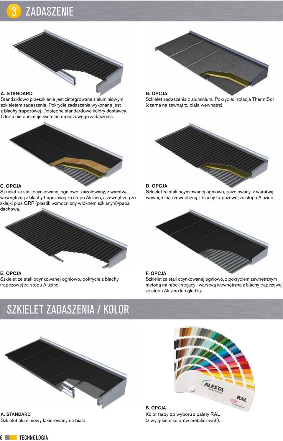 OPCJA Szkielet ze stali ocynkowanej ogniowo, zaizolowany, z warstwą wewnętrzną z blachy trapezowej ze stopu Aluzinc, a zewnętrzną ze sklejki plus GRP (plastik wzmocniony włóknem szklanym)/papa
