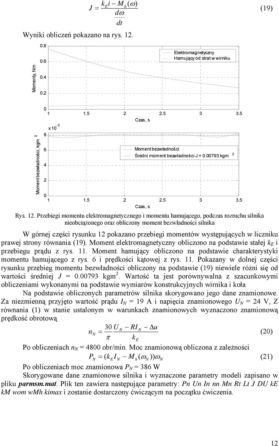 . Przebiegi momentu elektromagnetycznego i momentu hamującego, podczas rozruchu silnika nieobciążonego oraz obliczony moment bezwładności silnika W górnej części rysunku pokazano przebiegi momentów
