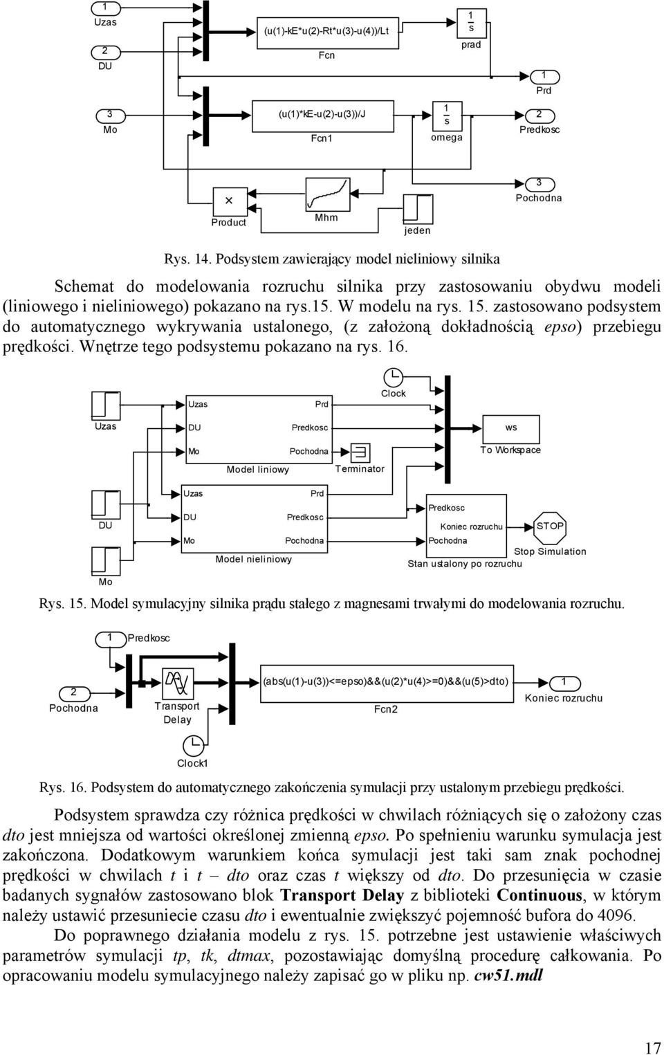 zastosowano podsystem do automatycznego wykrywania ustalonego, (z założoną dokładnością epso) przebiegu prędkości. Wnętrze tego podsystemu pokazano na rys. 6.