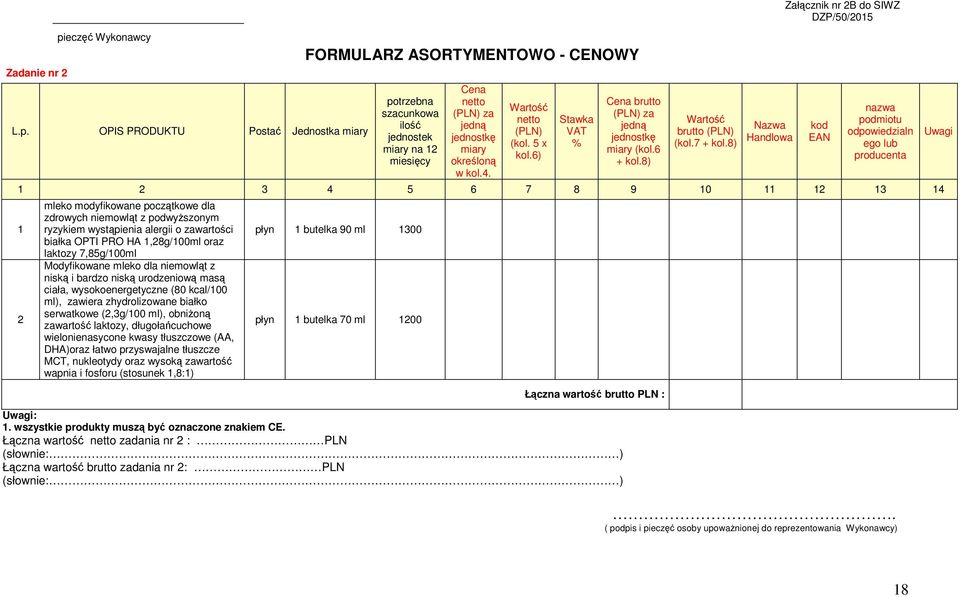 OPIS PRODUKTU Postać Jednostka miary FORMULARZ ASORTYMENTOWO - CENOWY potrzebna szacunkowa ilość jednostek miary na 12 miesięcy Cena netto (PLN) za jedną jednostkę miary określoną w kol.4.