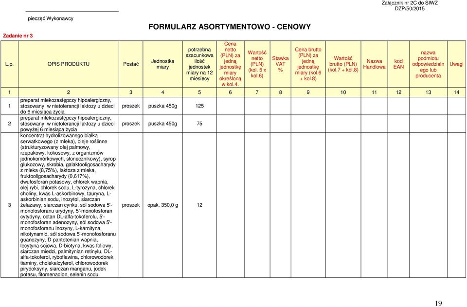 OPIS PRODUKTU Postać FORMULARZ ASORTYMENTOWO - CENOWY Jednostka miary potrzebna szacunkowa ilość jednostek miary na 12 miesięcy Cena netto (PLN) za jedną jednostkę miary określoną w kol.4.