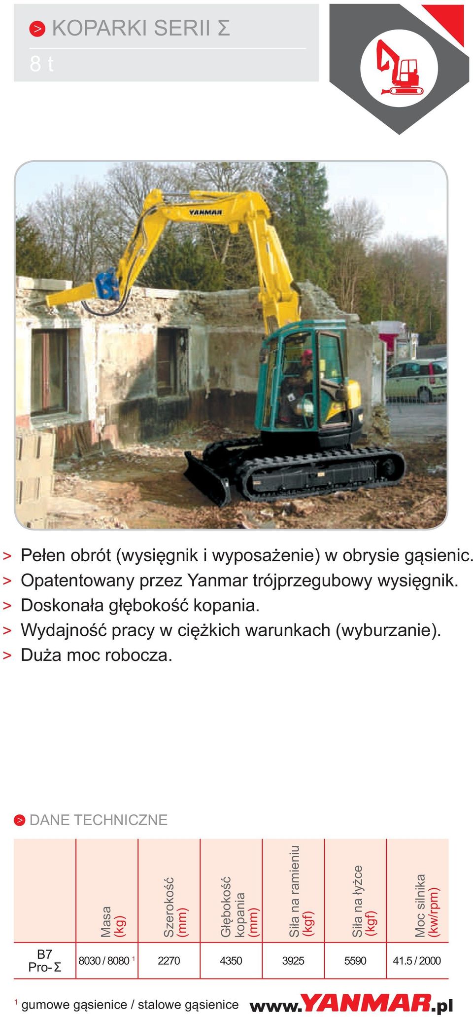 Wydajność pracy w ciężkich warunkach (wyburzanie). Duża moc robocza.