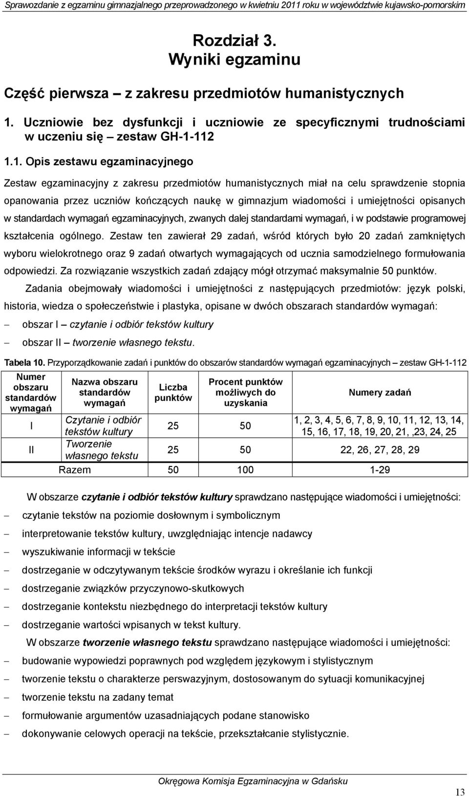 112 1.1. Opis zestawu egzaminacyjnego Zestaw egzaminacyjny z zakresu przedmiotów humanistycznych miał na celu sprawdzenie stopnia opanowania przez uczniów kończących naukę w gimnazjum wiadomości i