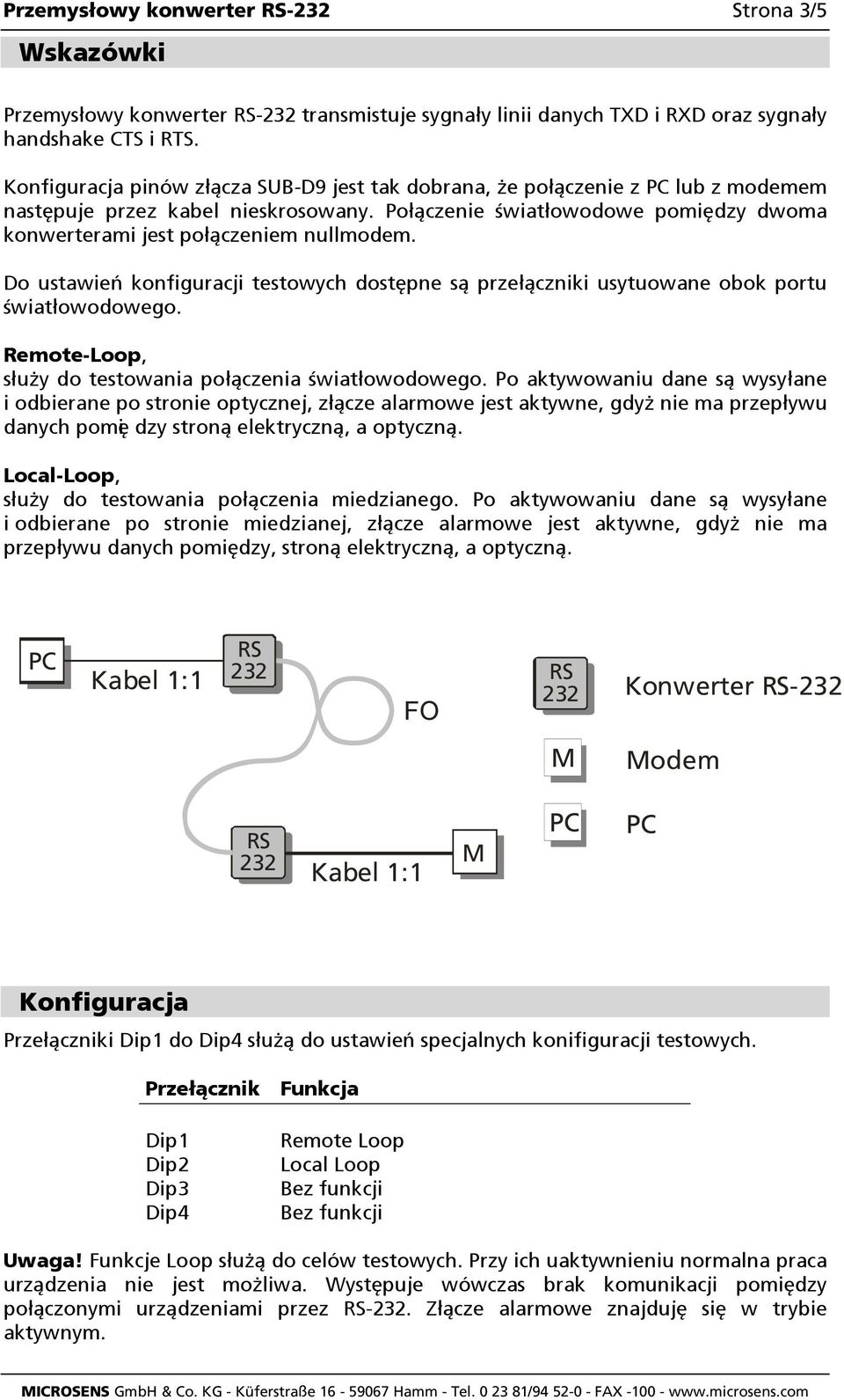 Do ustawień konfiguracji testowych dostępne są przełączniki usytuowane obok portu światłowodowego. Remote-Loop, służy do testowania połączenia światłowodowego.