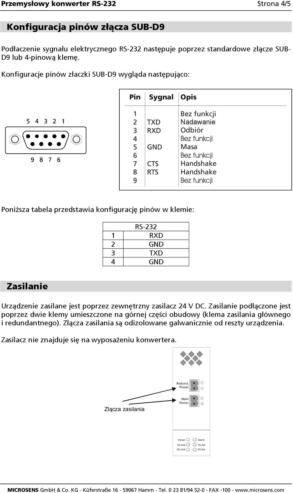 pinów w klemie: - 1 RXD 2 GND 3 TXD 4 GND Zasilanie Urządzenie zasilane jest poprzez zewnętrzny zasilacz 24 V DC.