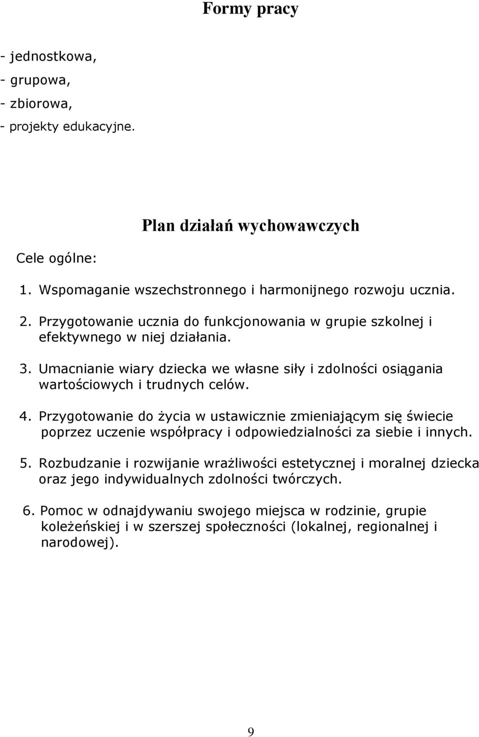 4. Przygotowanie do życia w ustawicznie zmieniającym się świecie poprzez uczenie współpracy i odpowiedzialności za siebie i innych. 5.