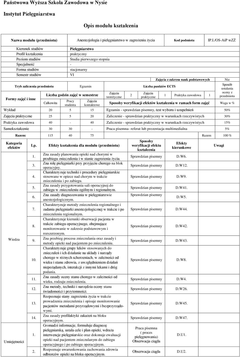 .I./OS-AiP wzż Kierunek studiów Pielęgniarstwo Profil kształcenia Poziom studiów Studia pierwszego stopnia Specjalność - Forma studiów stacjonarny Semestr studiów VI Tryb zaliczenia przedmiotu