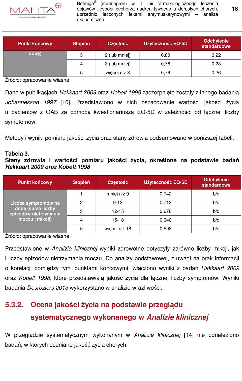 Przedstawiono w nich oszacowanie wartości jakości życia u pacjentów z OAB za pomocą kwestionariusza EQ-5D w zależności od łącznej liczby symptomów.