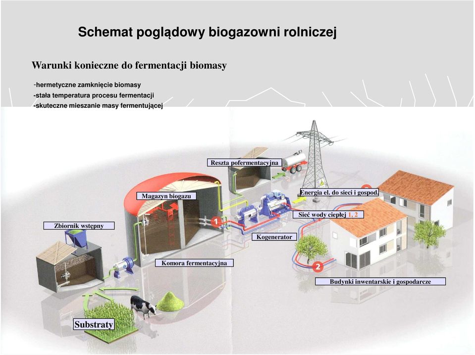 fermentującej Reszta pofermentacyjna Magazyn biogazu Energia el. do sieci i gospod.