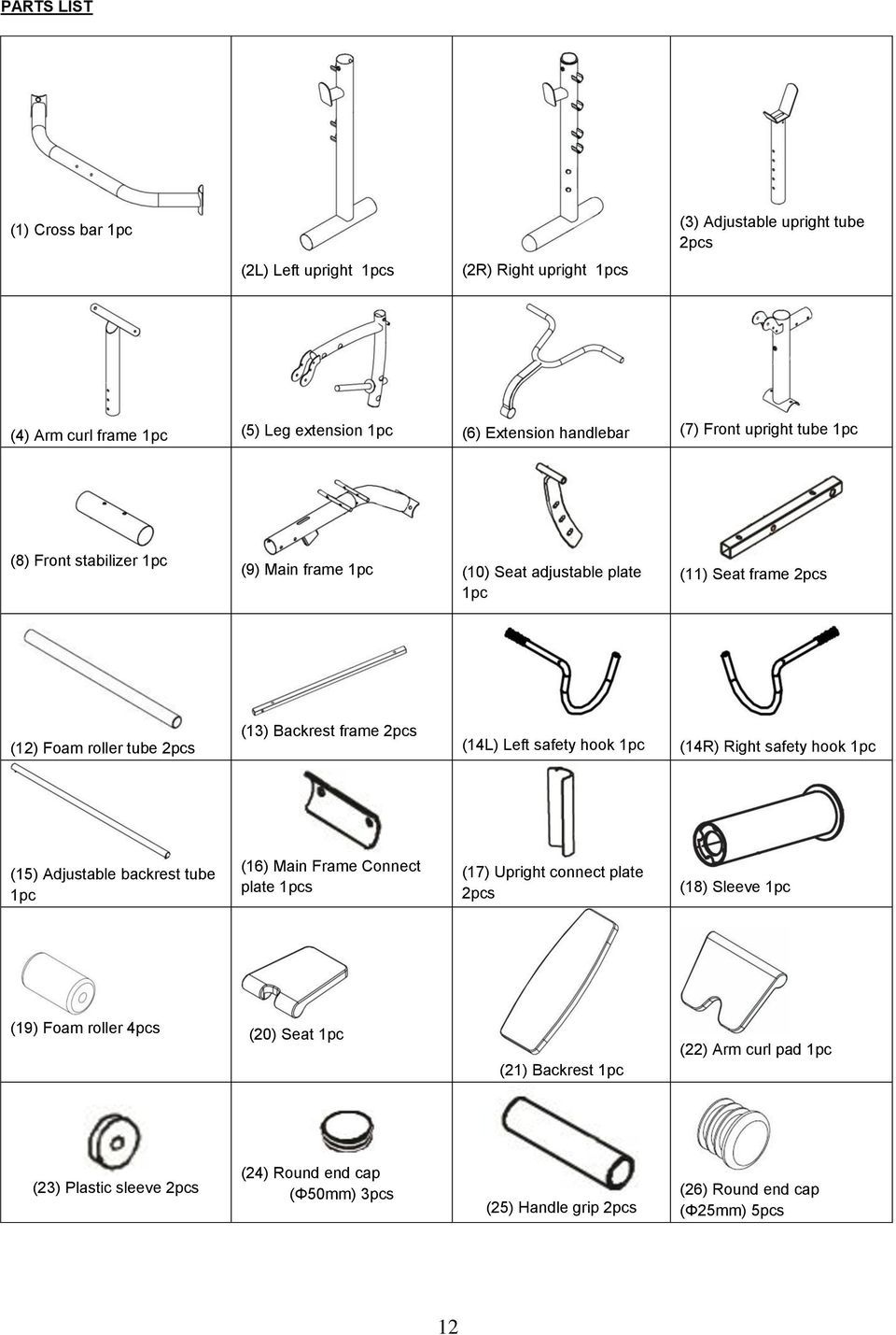 (14L) Left safety hook 1pc (14R) Right safety hook 1pc (15) Adjustable backrest tube 1pc (16) Main Frame Connect plate 1pcs (17) Upright connect plate 2pcs (18) Sleeve 1pc (19)