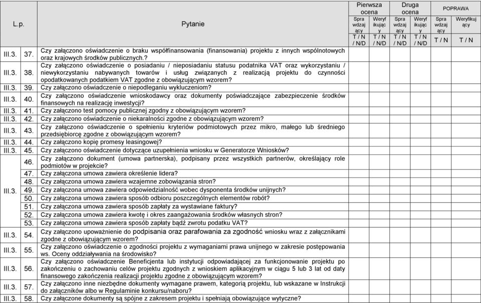 niewkorzstaniu nabwanch towarów i usług związanch z realizacją projektu do cznności opodatkowanch podatkiem VAT zgodne z obowiązujm wzorem? III.3. 39.