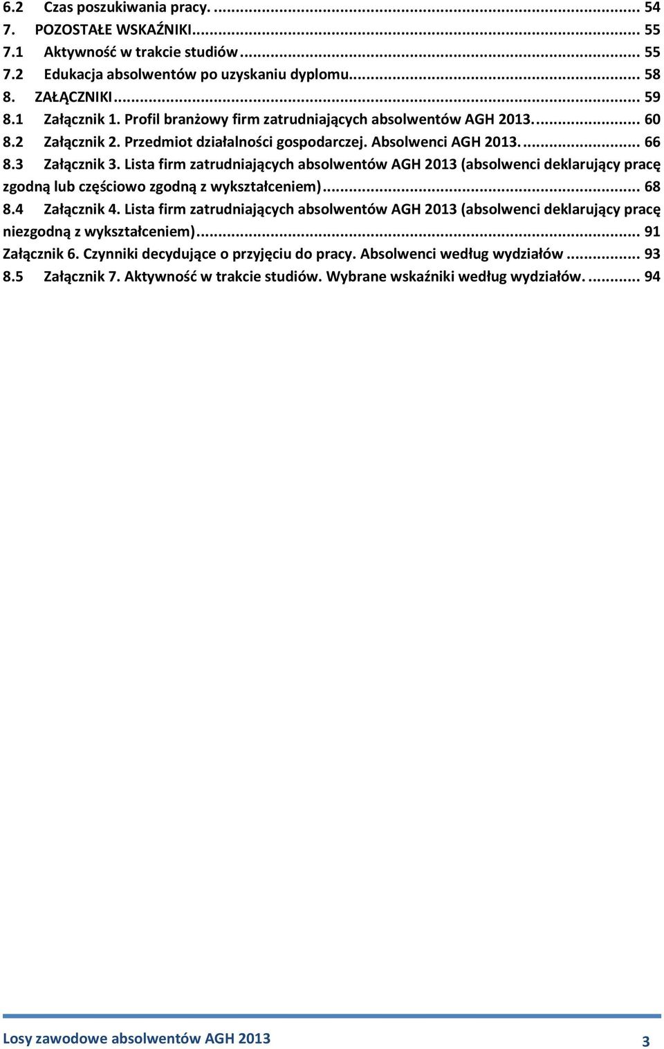 Lista firm zatrudniających absolwentów AGH 2013 (absolwenci deklarujący pracę zgodną lub częściowo zgodną z wykształceniem)... 68 8.4 Załącznik 4.