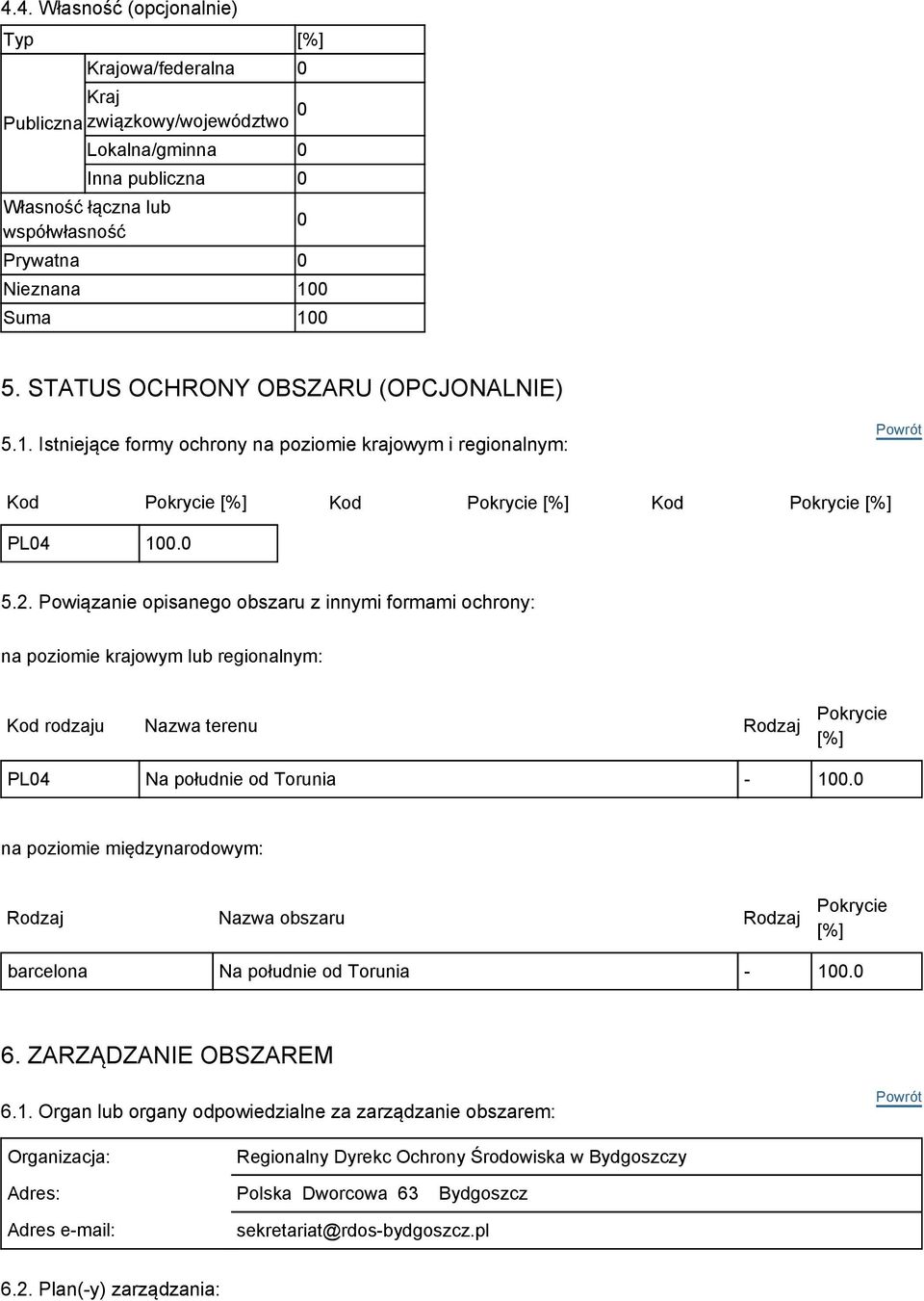 Powiązanie opisanego obszaru z innymi formami ochrony: na poziomie krajowym lub regionalnym: Kod rodzaju Nazwa terenu Rodzaj Pokrycie [%] PL04 Na południe od Torunia - 100.