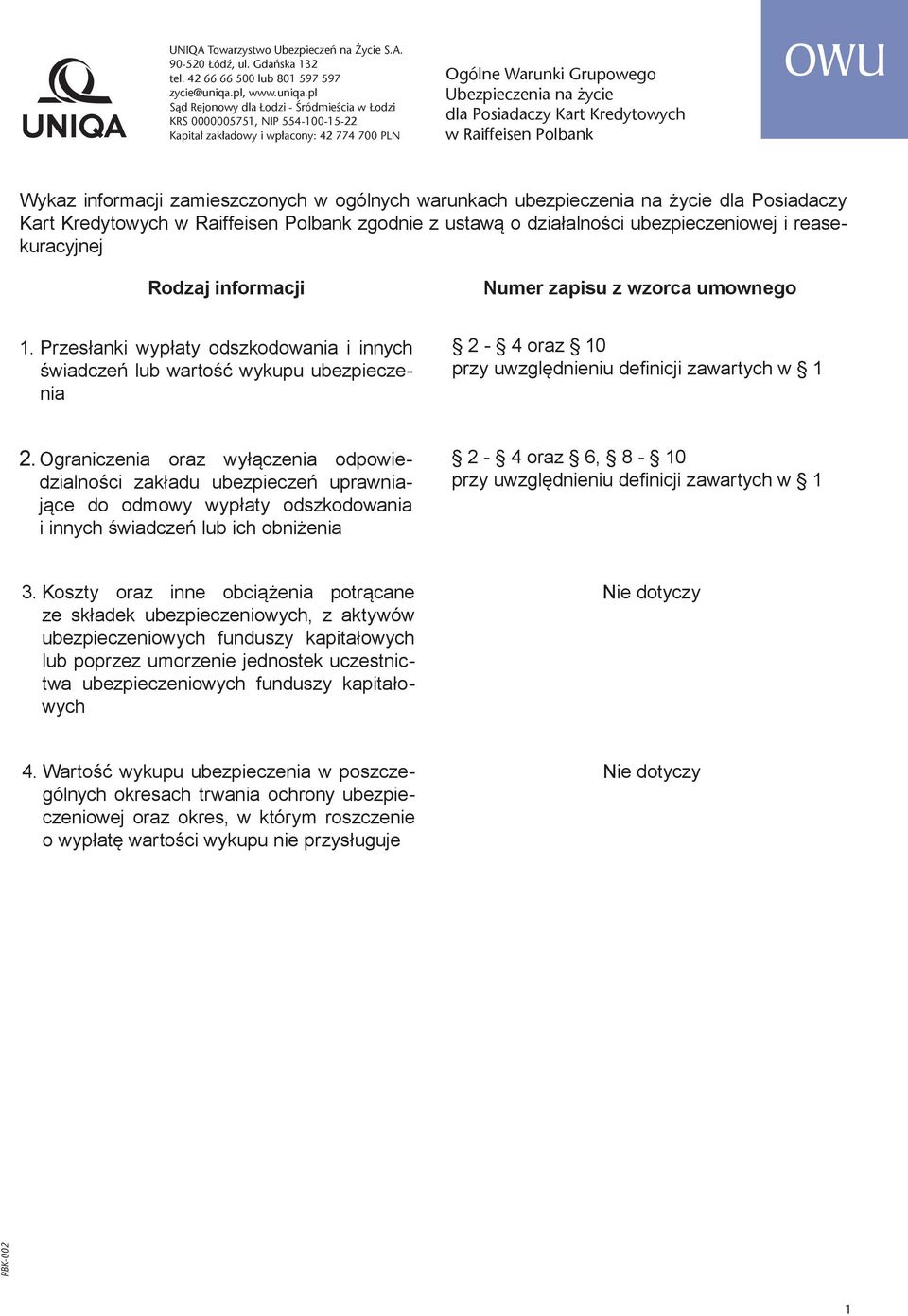 pl Sąd Rejonowy dla Łodzi - Śródmieścia w Łodzi KRS 0000005751, NIP 554--15-22 Kapitał zakładowy i wpłacony: 42 774 700 PLN Ogólne Warunki Grupowego Ubezpieczenia na życie dla Posiadaczy Kart