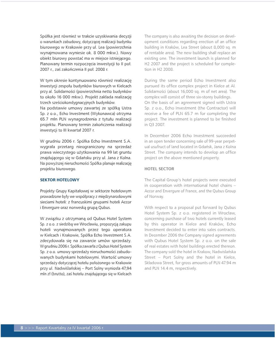 2008 r. W tym okresie kontynuowano również realizację inwestycji zespołu budynków biurowych w Kielcach przy al. Solidarności (powierzchnia netto budynków to około 16 000 mkw.).