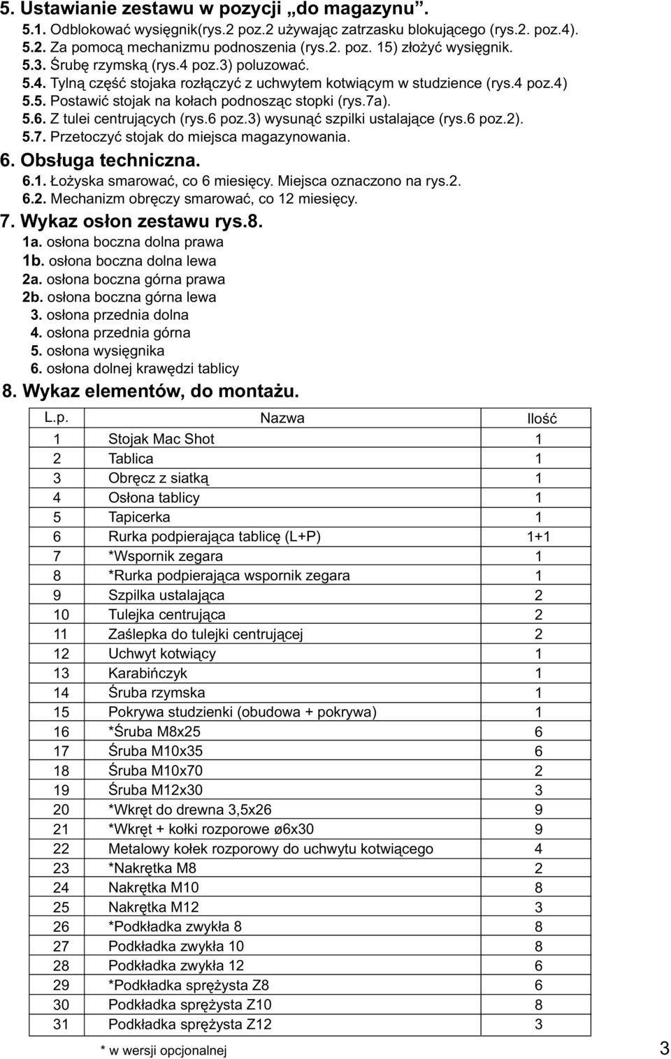 poz.) wysunąć szpilki ustalające (rys. poz.)..7. Przetoczyć stojak do miejsca magazynowania.. Obsługa techniczna... Łożyska smarować, co miesięcy. Miejsca oznaczono na rys.