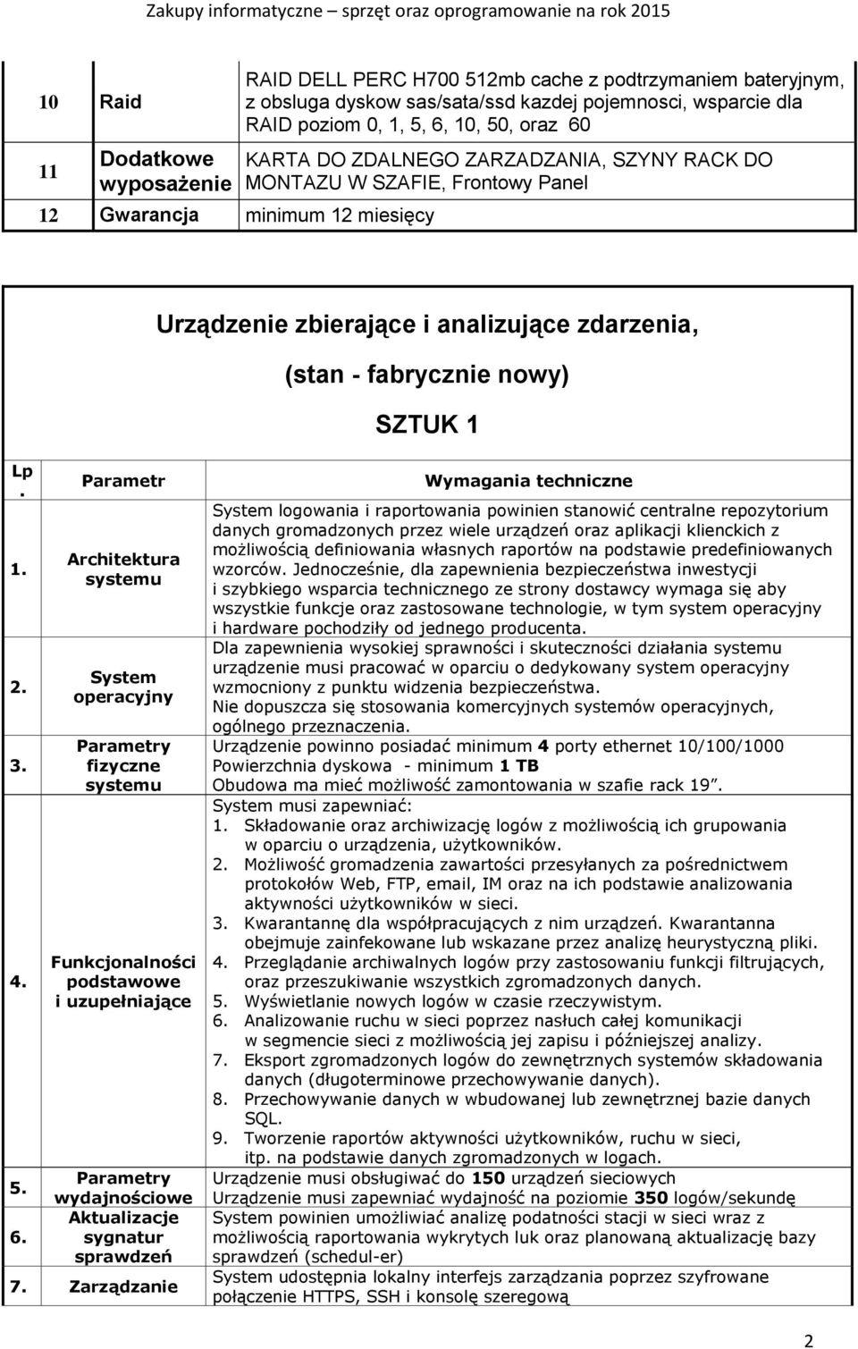 Parametr Architektura systemu System operacyjny Parametry fizyczne systemu Funkcjonalności podstawowe i uzupełniające Parametry. A wydajnościowe Aktualizacje 6. sygnatur A sprawdzeń 7.