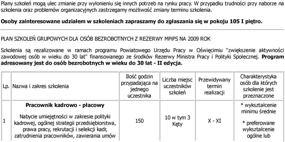 Osoby zainteresowane udziałem w szkoleniach zapraszamy do zgłaszania się w pokoju 105 I piętro.