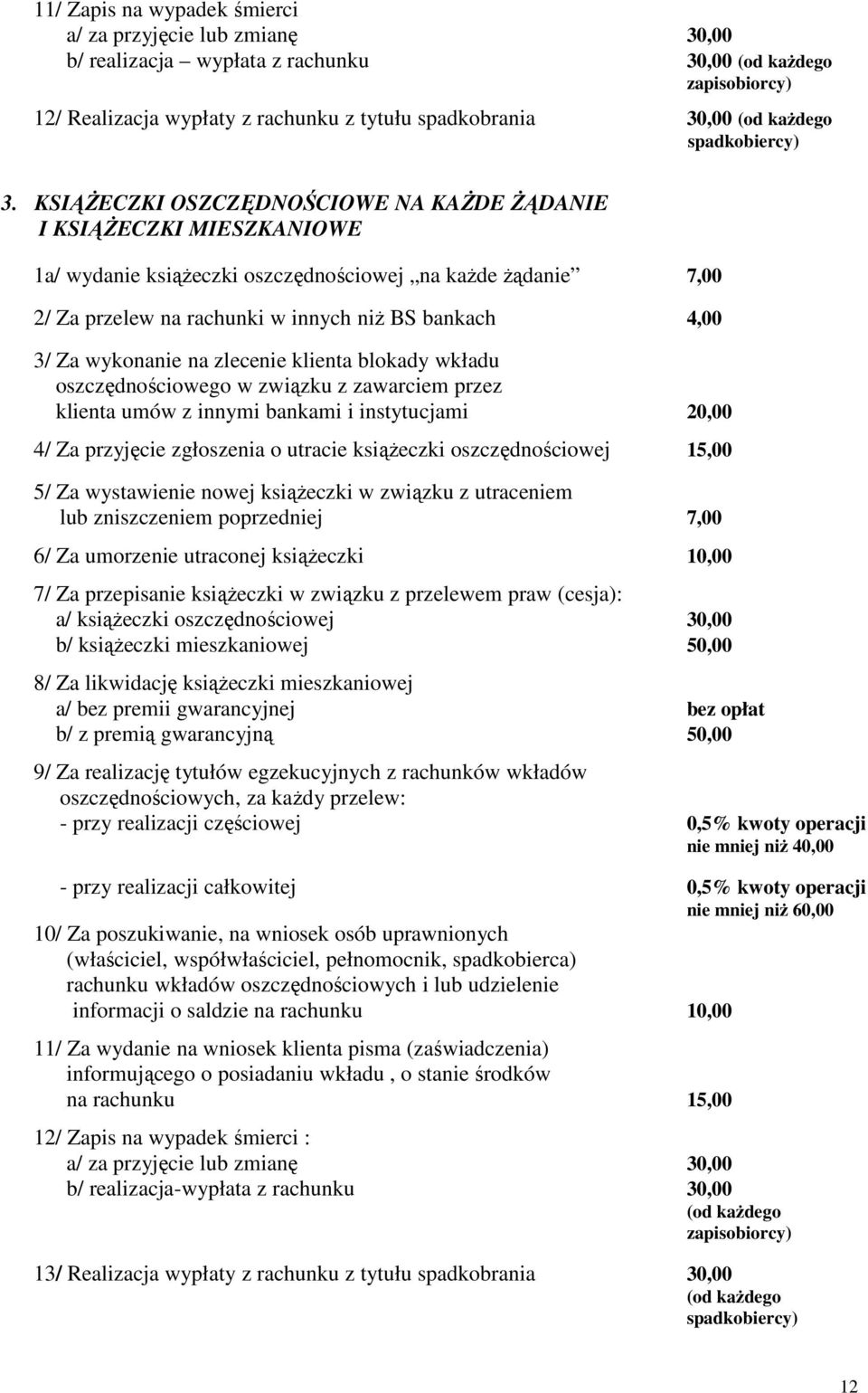 KSIĄŻECZKI OSZCZĘDNOŚCIOWE NA KAŻDE ŻĄDANIE I KSIĄŻECZKI MIESZKANIOWE 1a/ wydanie książeczki oszczędnościowej na każde żądanie 7,00 2/ Za przelew na rachunki w innych niż BS bankach 4,00 3/ Za