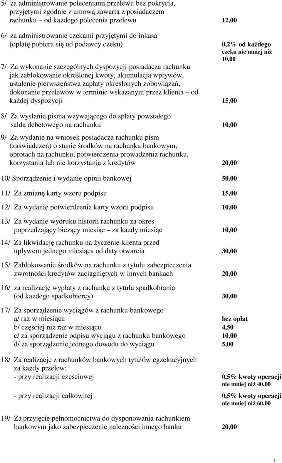 określonych zobowiązań, dokonanie przelewów w terminie wskazanym przez klienta od każdej dyspozycji 15,00 8/ Za wysłanie pisma wzywającego do spłaty powstałego salda debetowego na rachunku 10,00 9/