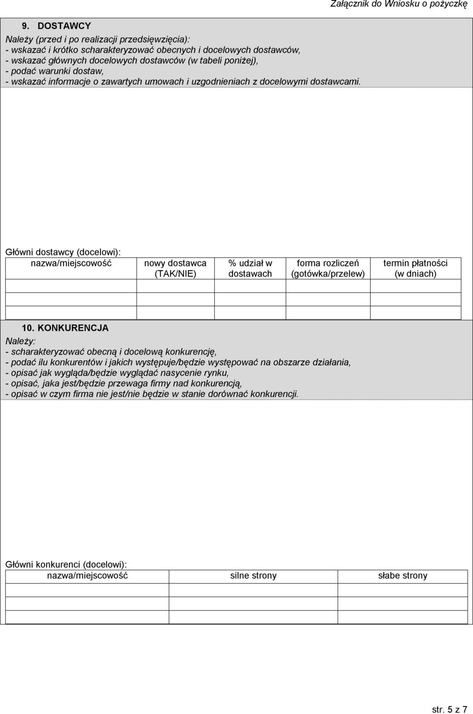 Główni dostawcy (docelowi): nazwa/miejscowość nowy dostawca (TAK/NIE) % udział w dostawach forma rozliczeń (gotówka/przelew) termin płatności (w dniach) 10.